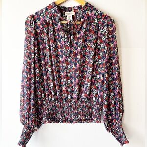 Rachel Zoe Blue and Pink Floral Smocked Blouse Womens Medium Long Sleeve Top